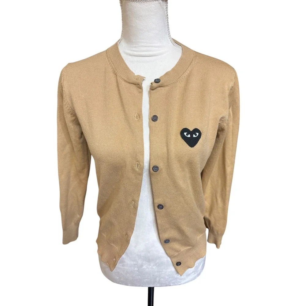 PLAY Comme des Garcons Tan Button Up Embroidered Black Heart Cardigan Designer S